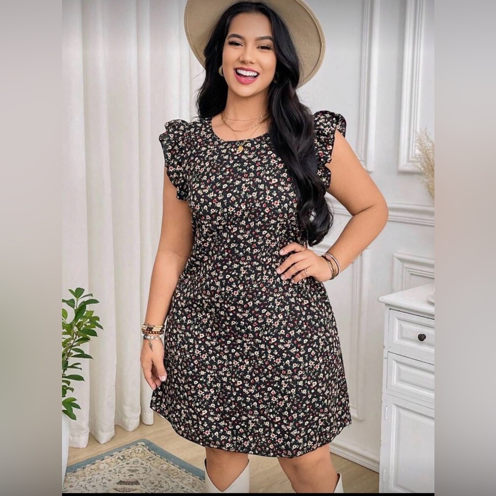 SHEIN Curve Black Floral Ruffle Sleeve Mini Dress